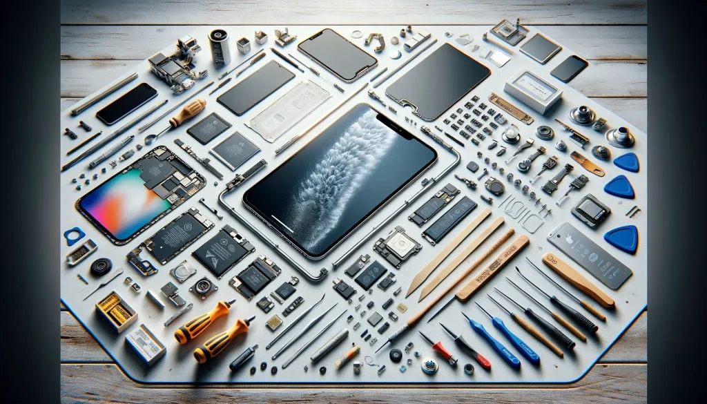 必要なiPhone修理部品を展示した実際の修理作業台、高品質なコンポーネントとツールが特徴
